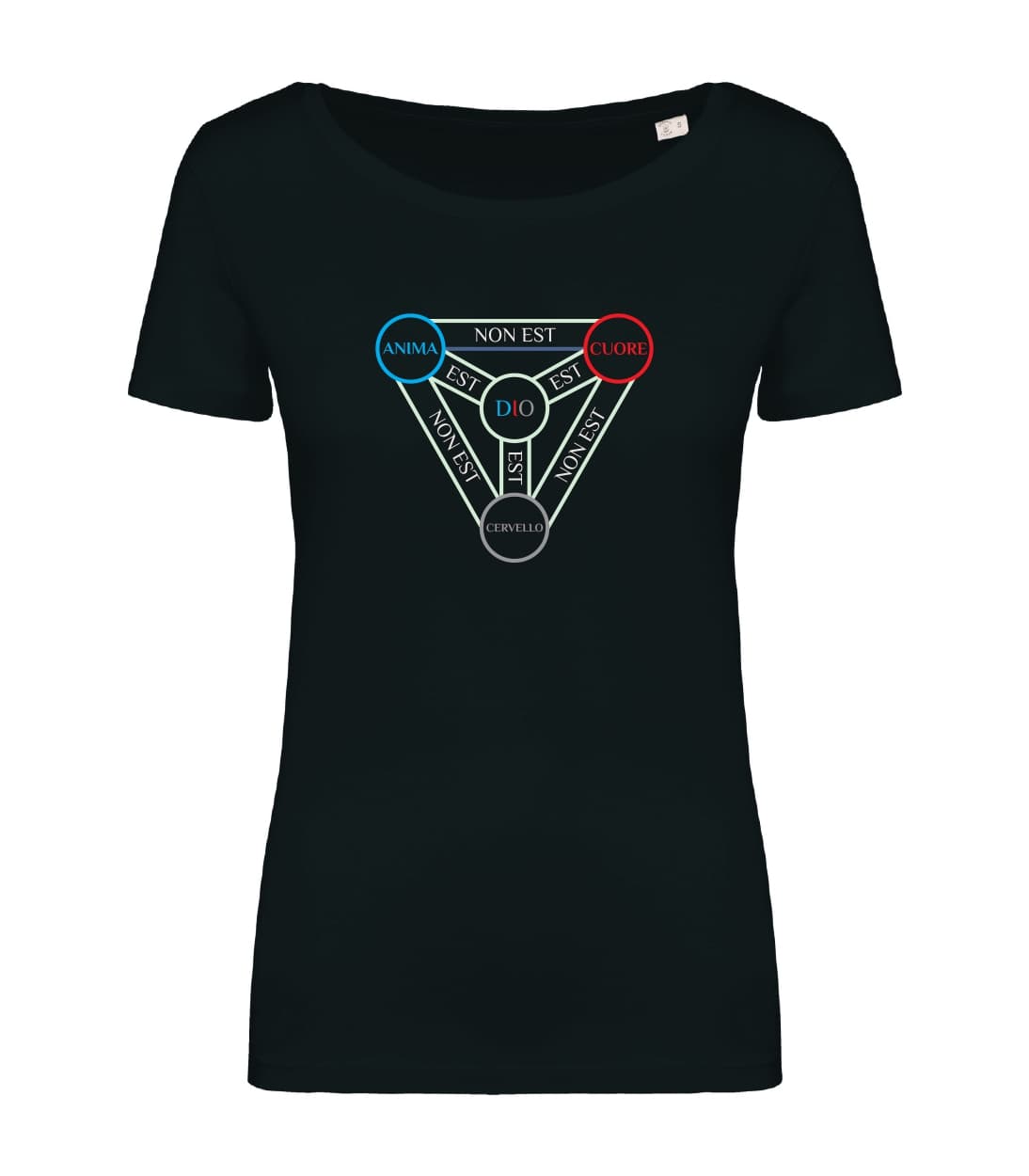 T-shirt_donna_manica_corta_nero_TTrinitrà_Anima_Cuore_Cervello