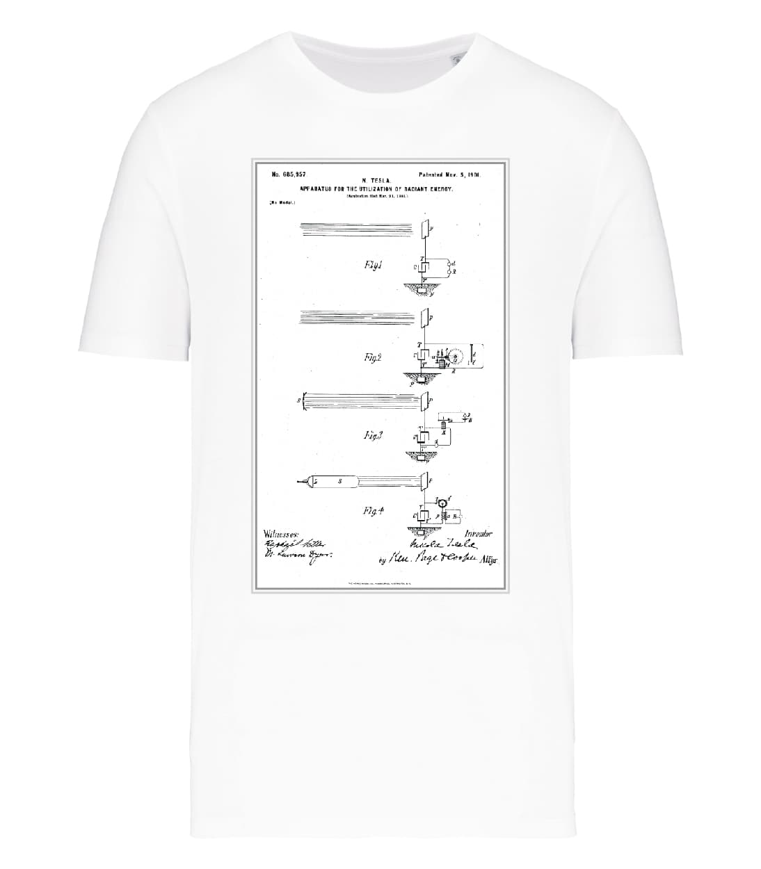 T-shirt_manica_corta_uomo_bianco_Tesla_fotocopia-brevetto-collettore-di-energia-radiante
