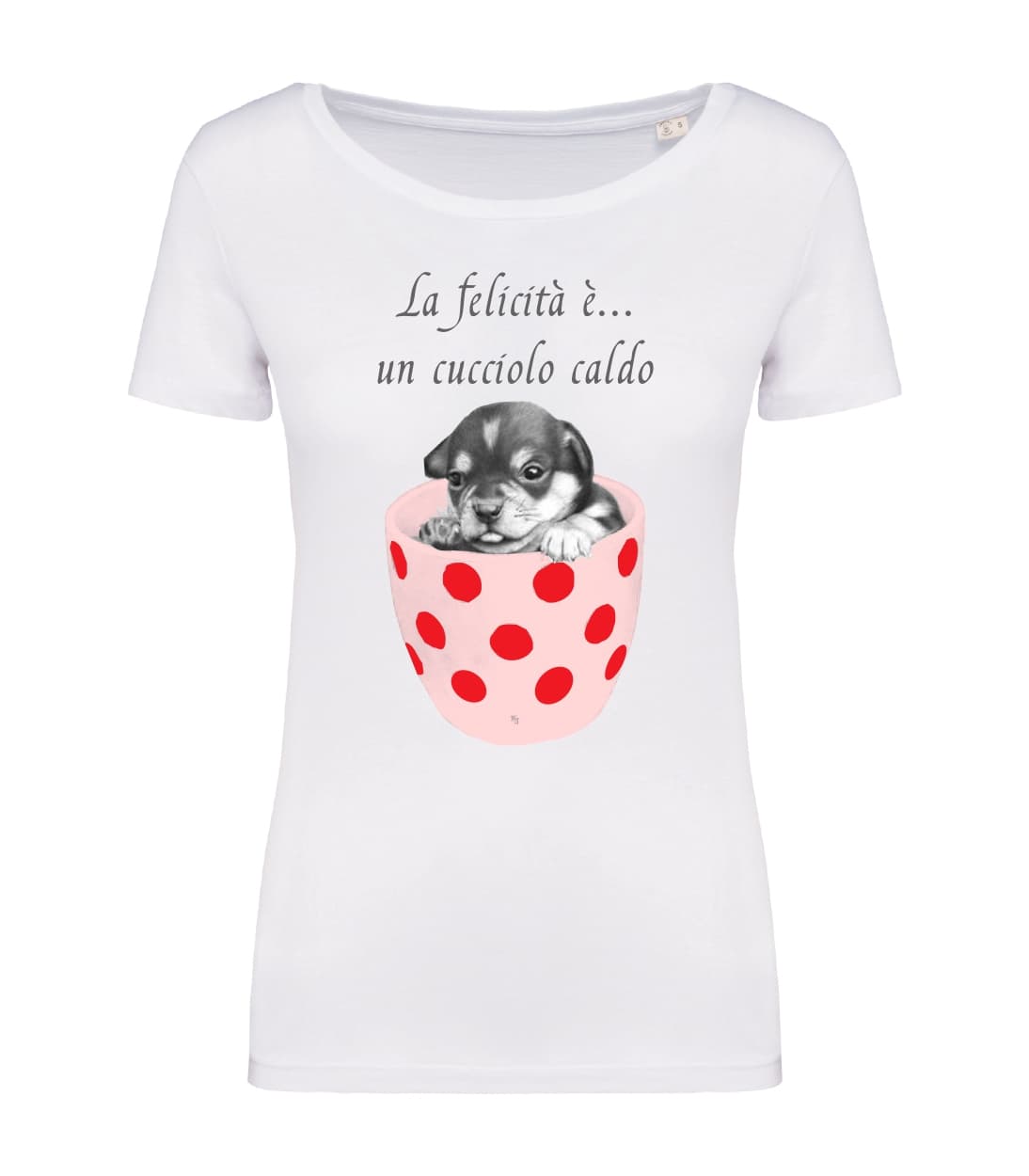 T-shirt_donna_manica_corta_bianco_La_felicita_e_un_cucciolo_caldo
