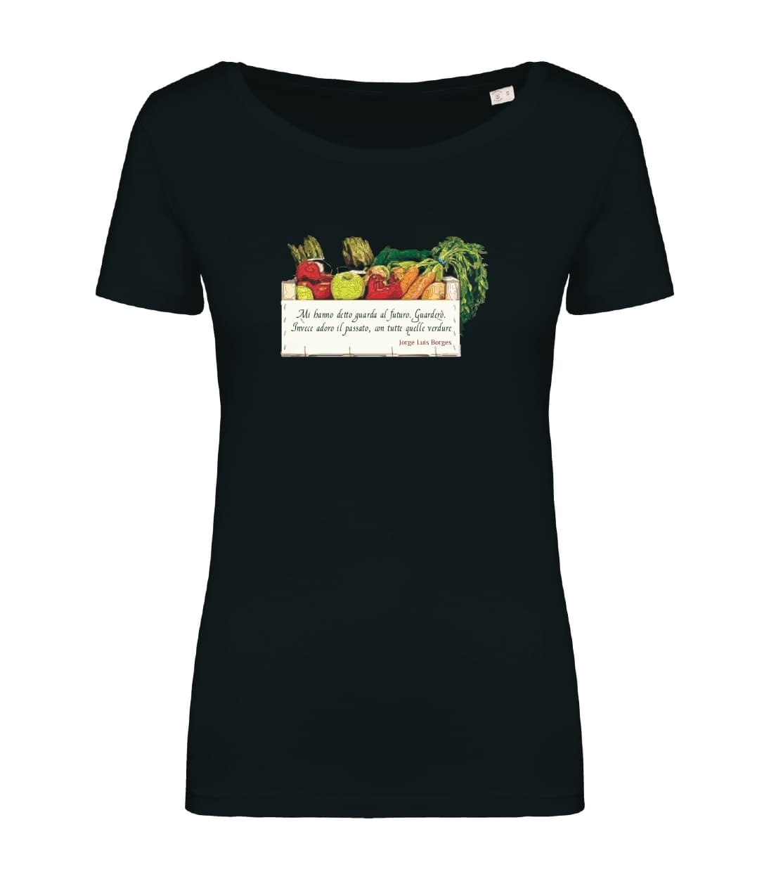 T-shirt_donna_manica_corta_nero_Cassetta vegan_Mi_hanno_detto_guarda_al_futuro