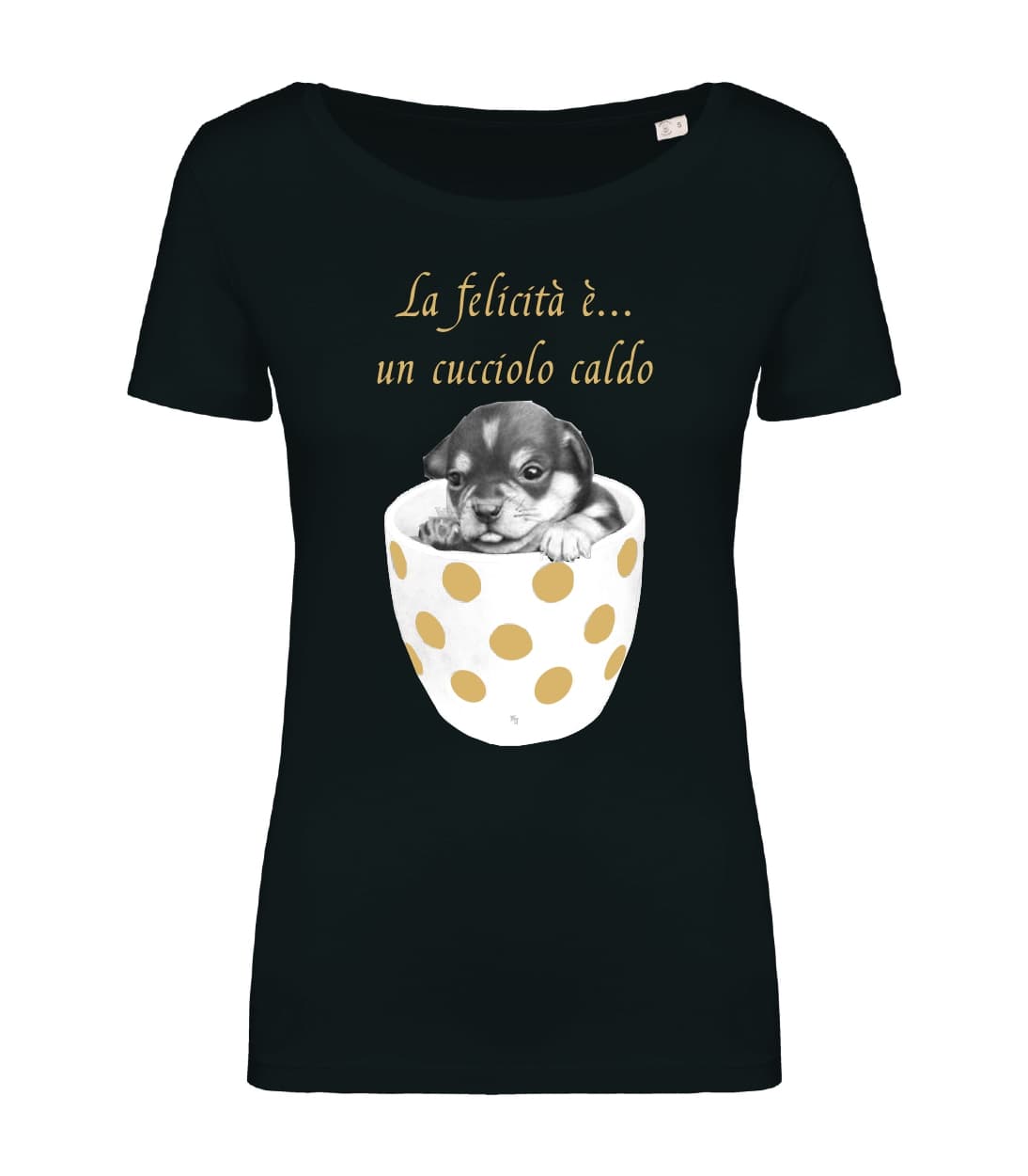T-shirt_donna_manica_corta_nero_La_felicita_e_un_cucciolo_caldo
