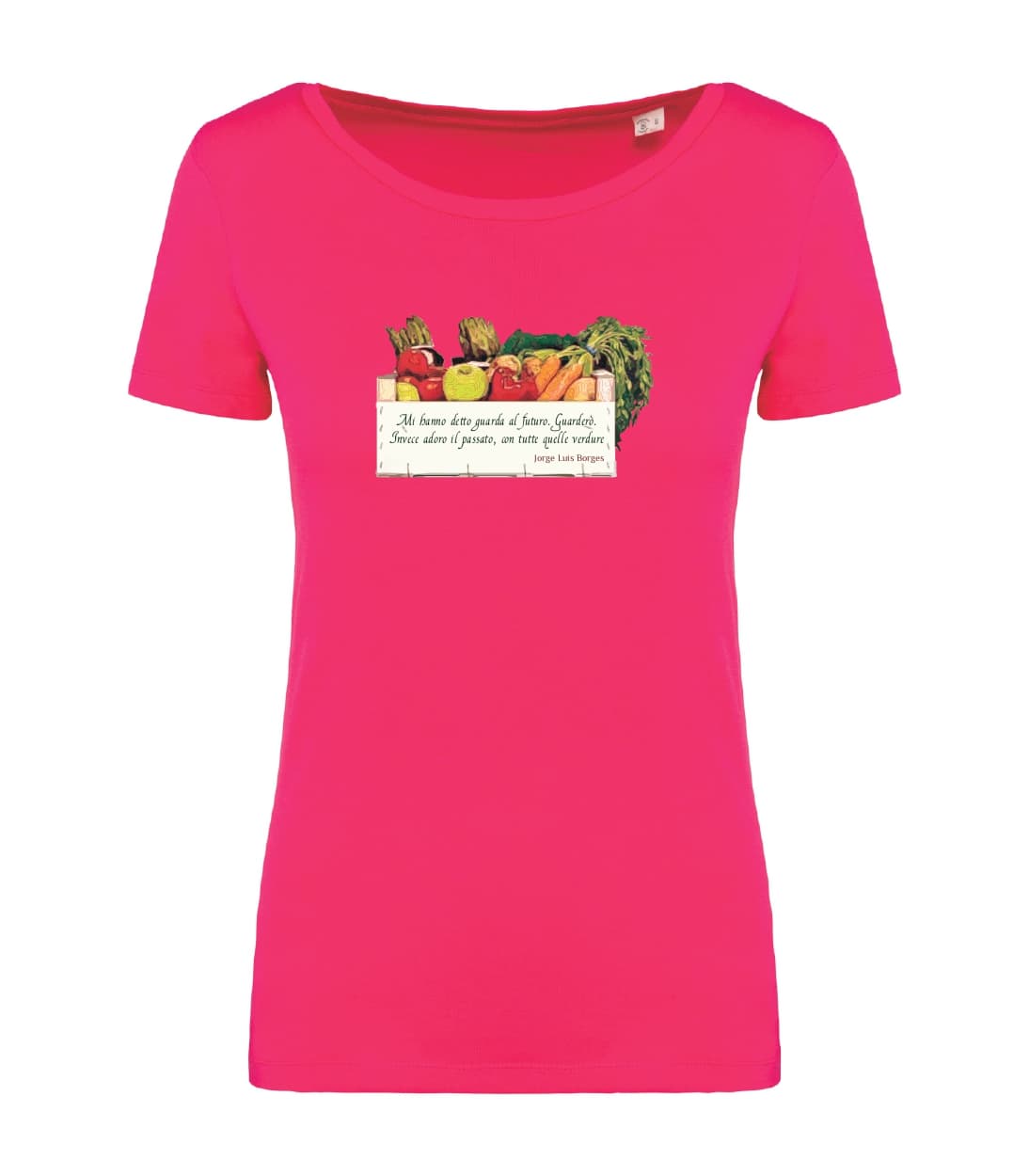 T-shirt_donna_manica_corta_rosso_sorbetto_Cassetta vegan_Mi_hanno_detto_guarda_al_futuro