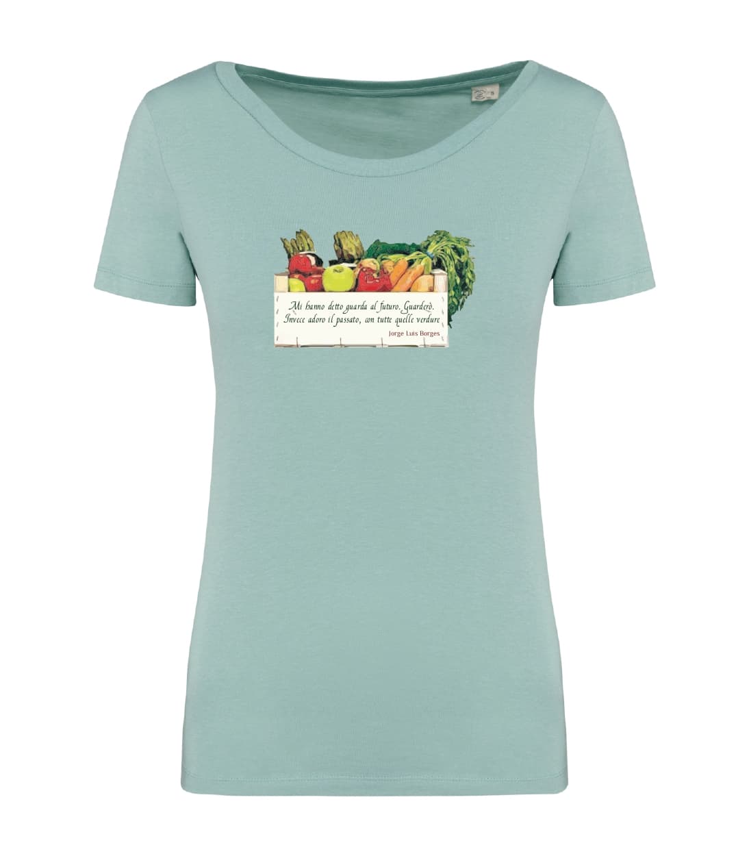 T-shirt_donna_manica_corta_verde_ menta_Cassetta vegan_Mi_hanno_detto_guarda_al_futuro