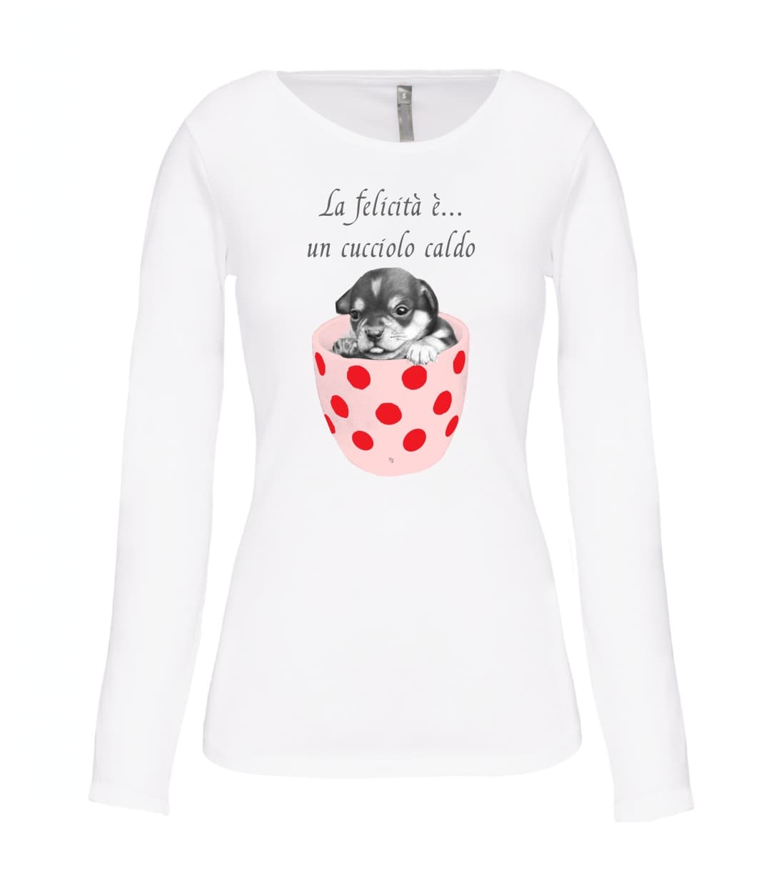 T-shirt_donna_manica_lunga_bianco_La_felicita_e_un_cucciolo_caldo