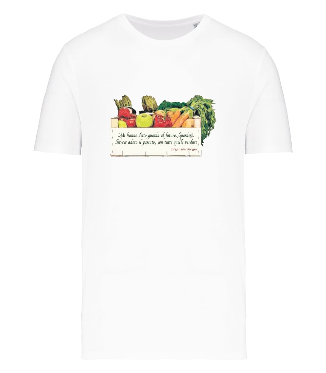 T-shirt_uomo_manica_corta_bianco_Cassetta vegan_Mi_hanno_detto_guarda_al_futuro