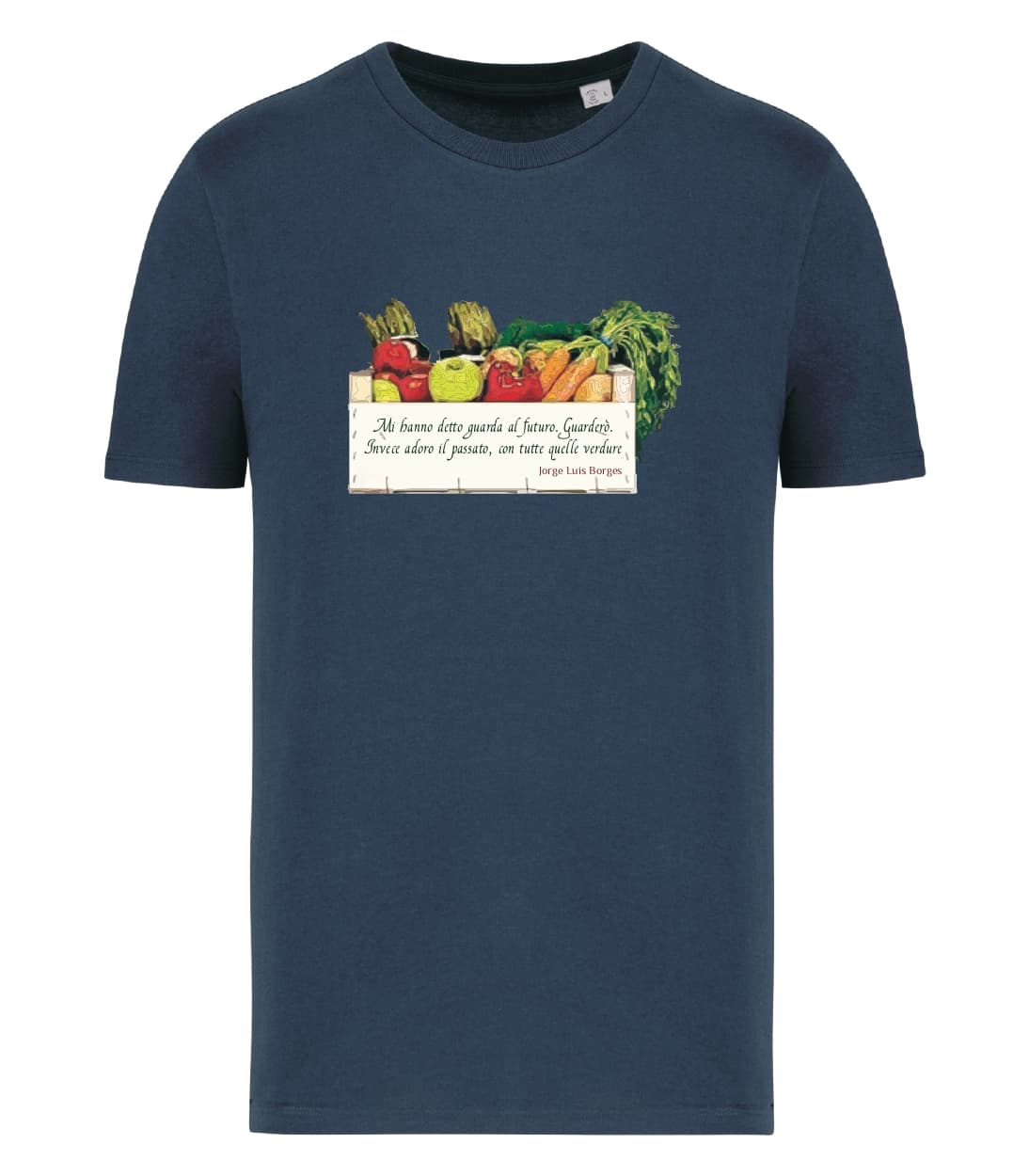 T-shirt_uomo_manica_corta_blu_navy_Cassetta vegan_Mi_hanno_detto_guarda_al_futuro