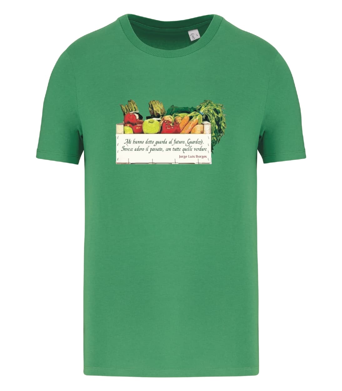 T-shirt_uomo_manica_corta_verde_Cassetta vegan_Mi_hanno_detto_guarda_al_futuro