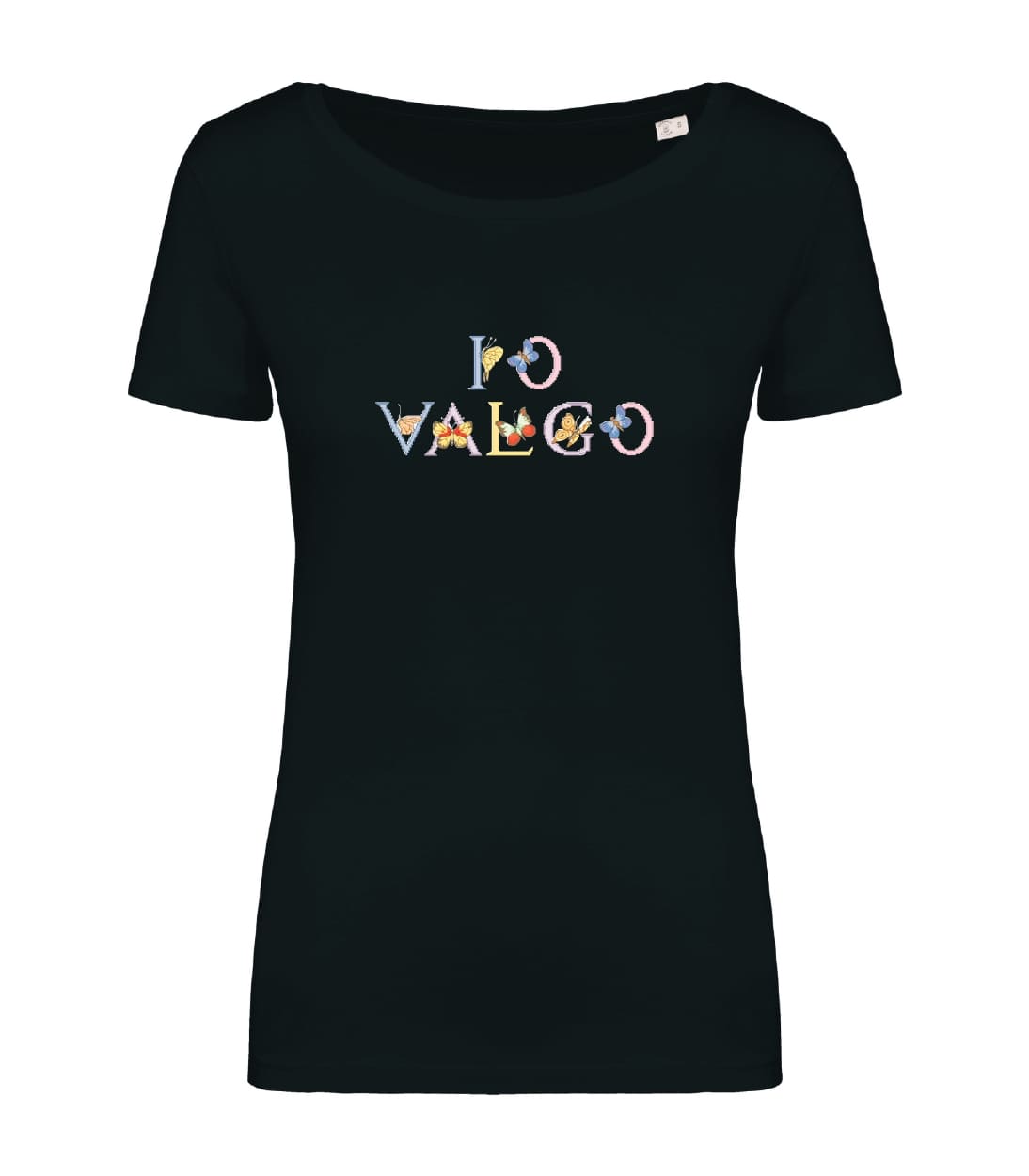 T-shirt_donna_manica_corta_nero_IO_VALGO_versione_farfalle