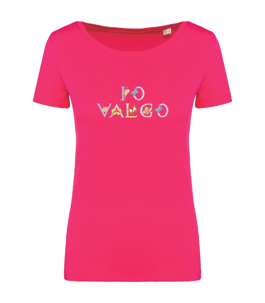 T-shirt_donna_manica_corta_rosso_sorbetto_IO_VALGO_versione_farfalle