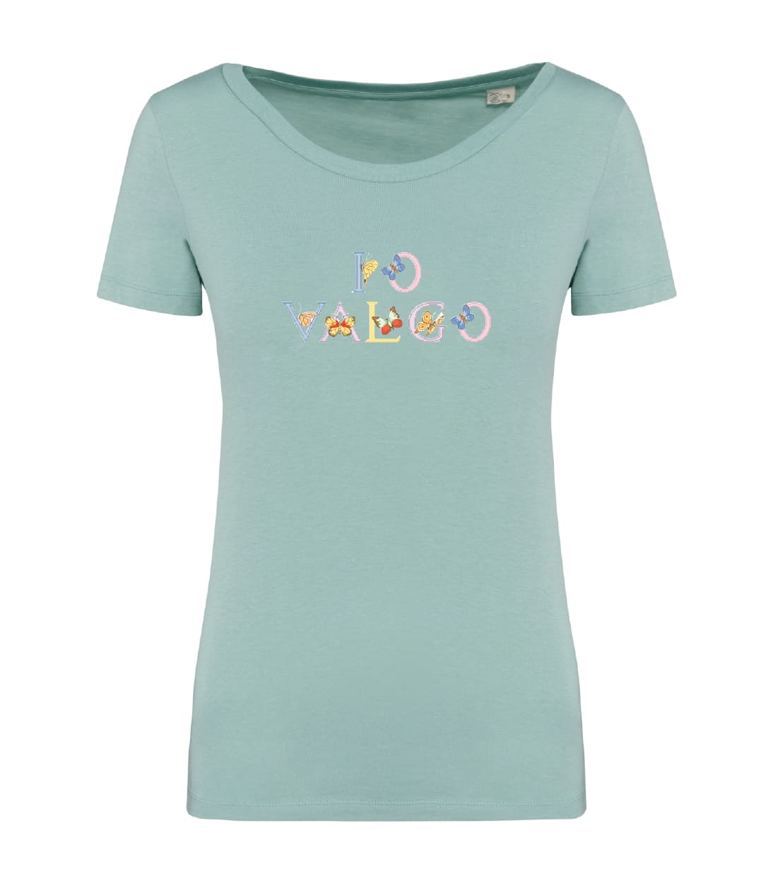 T-shirt_donna_manica_corta_verde_menta_IO_VALGO_versione_farfalle