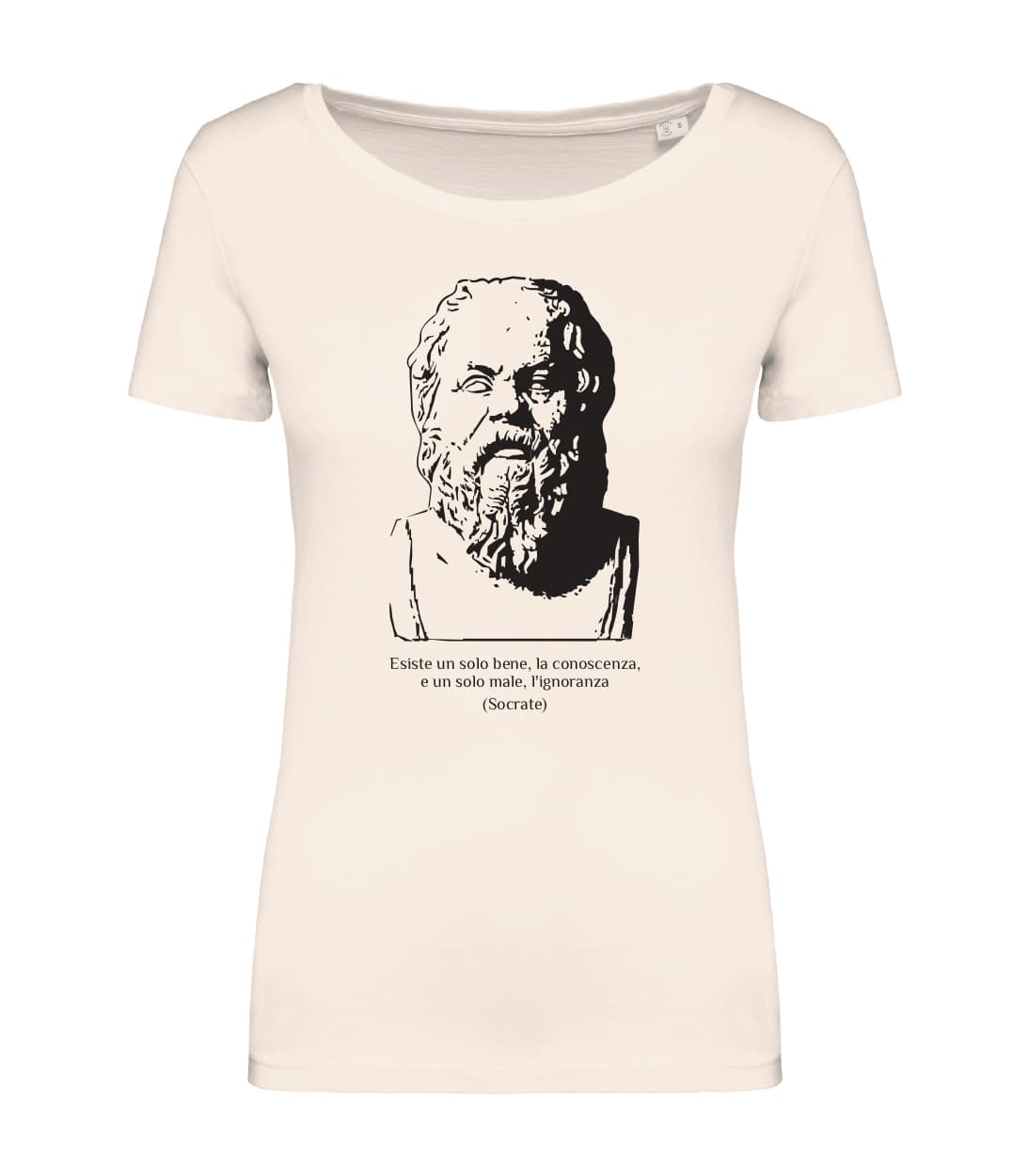 T-shirt_donna_manica_corta_avorio_Esiste_un_solo_bene_la_conoscenza_e_un_solo_male_lignoranza