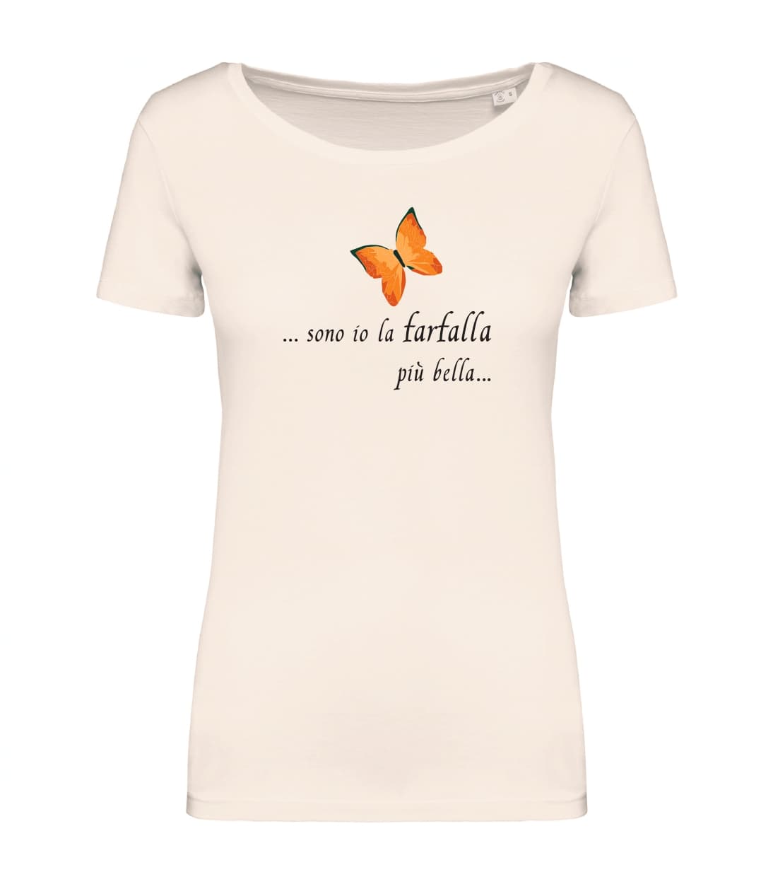 T-shirt_donna_manica_corta_avorio_farfalla arancione_Sono_io_la_farfalla_piu_bella