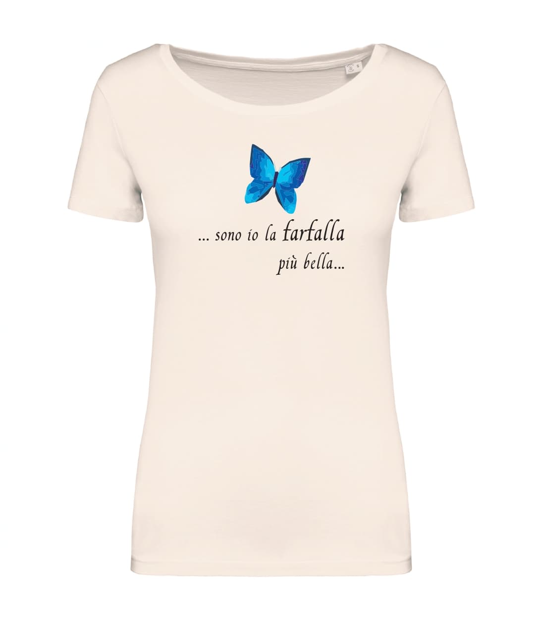 T-shirt_donna_manica_corta_avorio_farfalla blu_Sono_io_la_farfalla_piu_bella