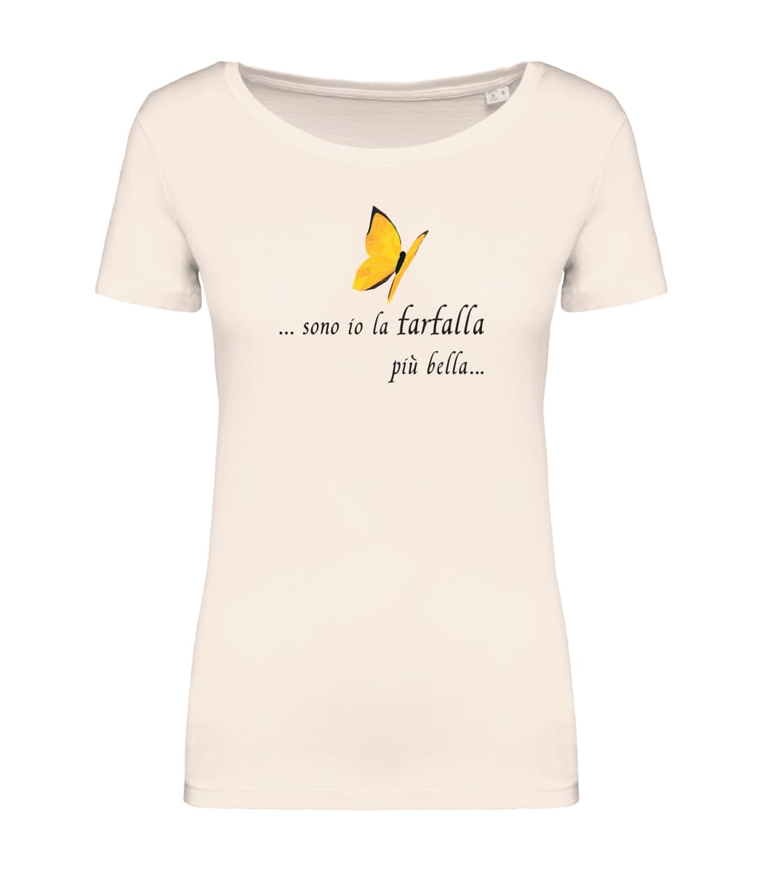 T-shirt_donna_manica_corta_avorio_farfalla gialla_Sono_io_la_farfalla_piu_bella