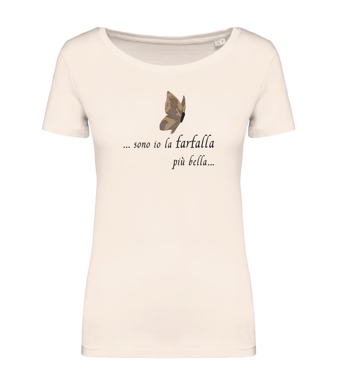 T-shirt_donna_manica_corta_avorio_farfalla marrone_Sono_io_la_farfalla_piu_bella