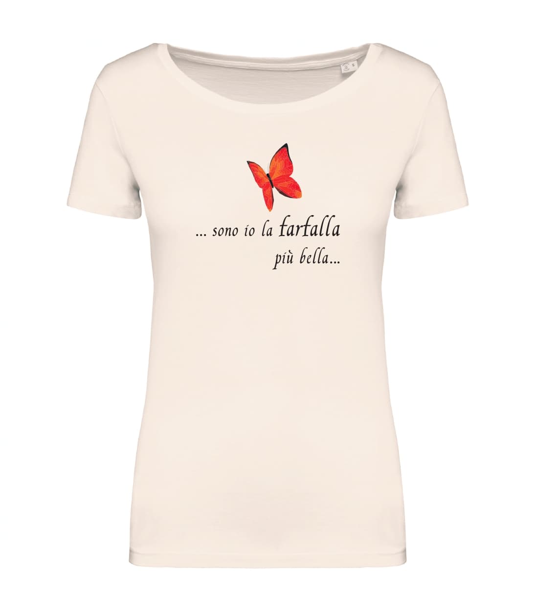 T-shirt_donna_manica_corta_avorio_farfalla rossa_Sono_io_la_farfalla_piu_bella
