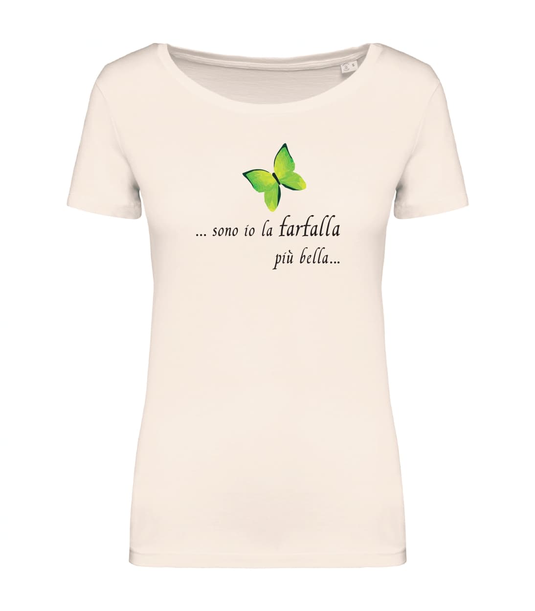 T-shirt_donna_manica_corta_avorio_farfalla verde_Sono_io_la_farfalla_piu_bella