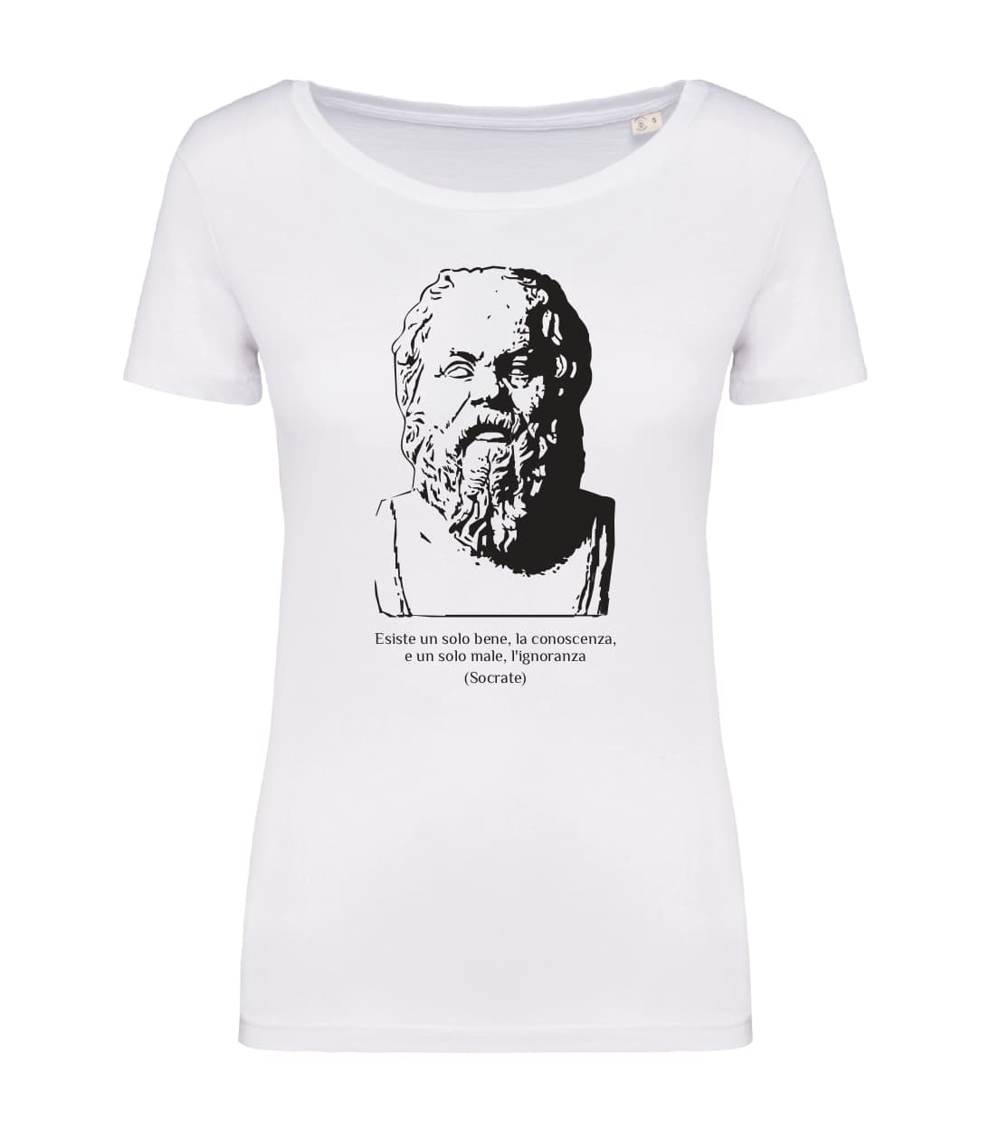 T-shirt_donna_manica_corta_bianco_Esiste_un_solo_bene_la_conoscenza_e_un_solo_male_lignoranza