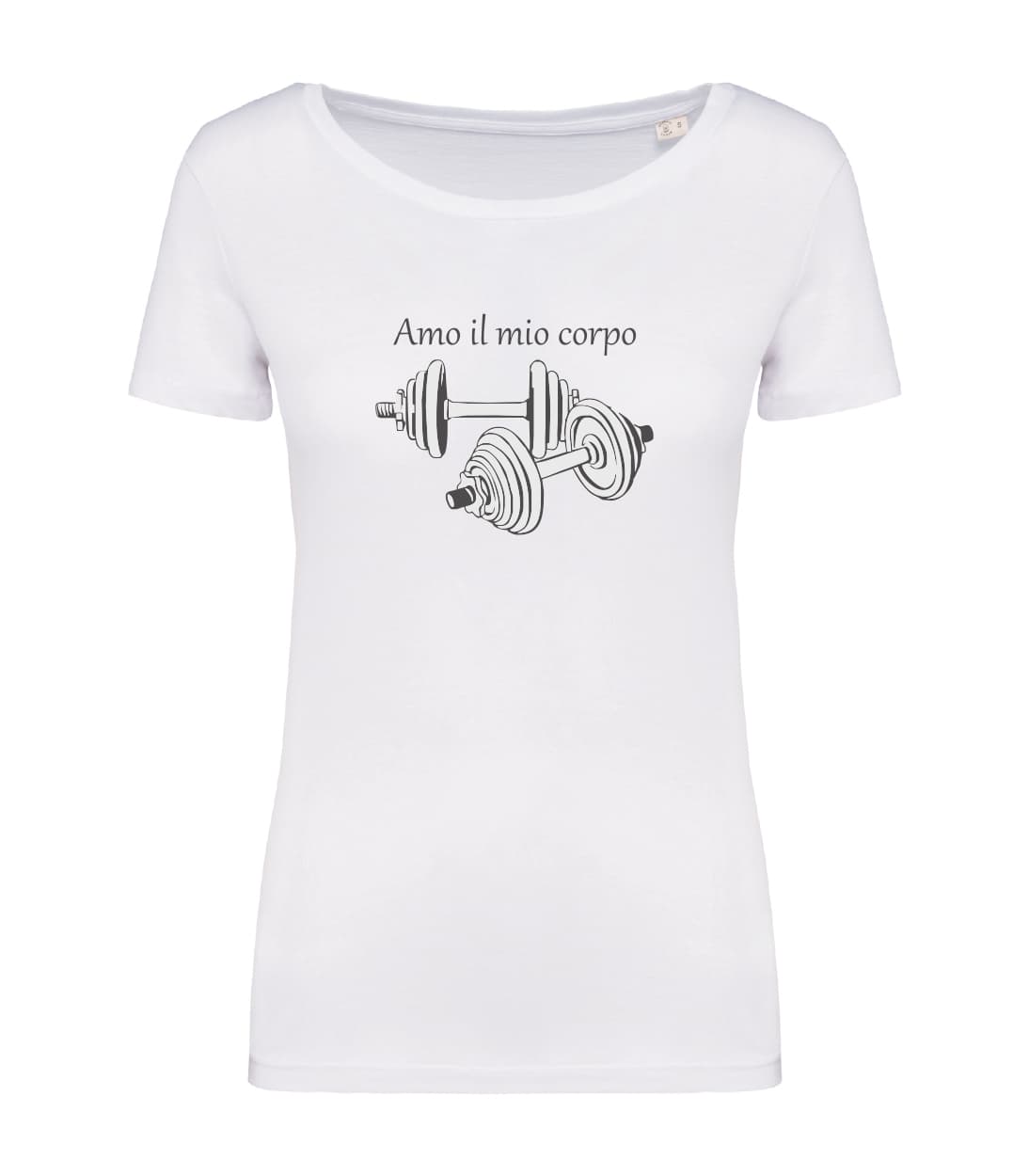 T-shirt_donna_manica_corta_bianco_Manubri_Amo_il_mio_corpo
