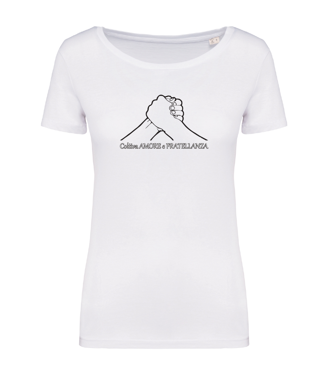 T-shirt_donna_manica_corta_bianco_coltiva_amore_e_fratellanza