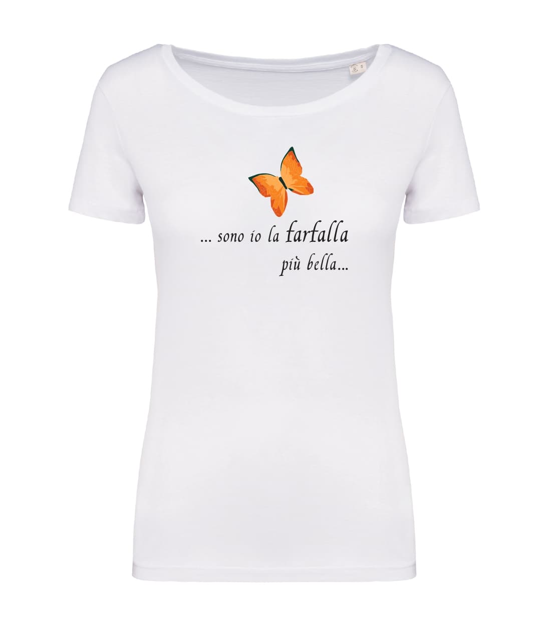 T-shirt_donna_manica_corta_bianco_farfalla arancione_Sono_io_la_farfalla_piu_bella