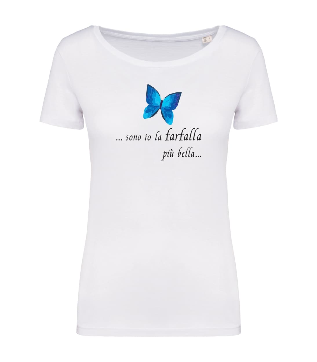 T-shirt_donna_manica_corta_bianco_farfalla blu_Sono_io_la_farfalla_piu_bella