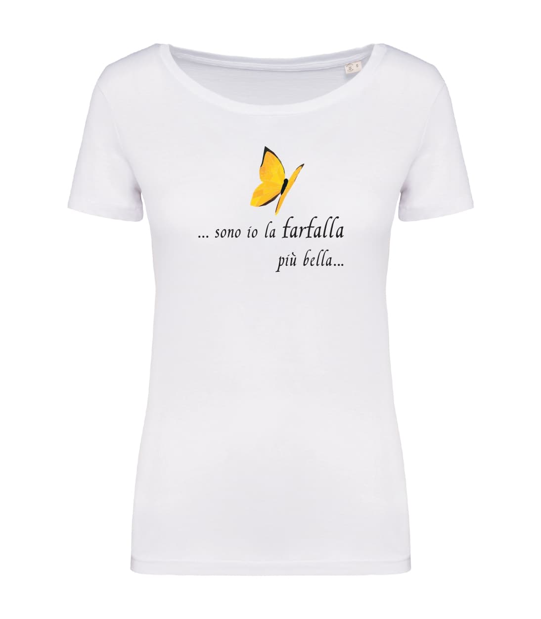 T-shirt_donna_manica_corta_bianco_farfalla gialla_Sono_io_la_farfalla_piu_bella
