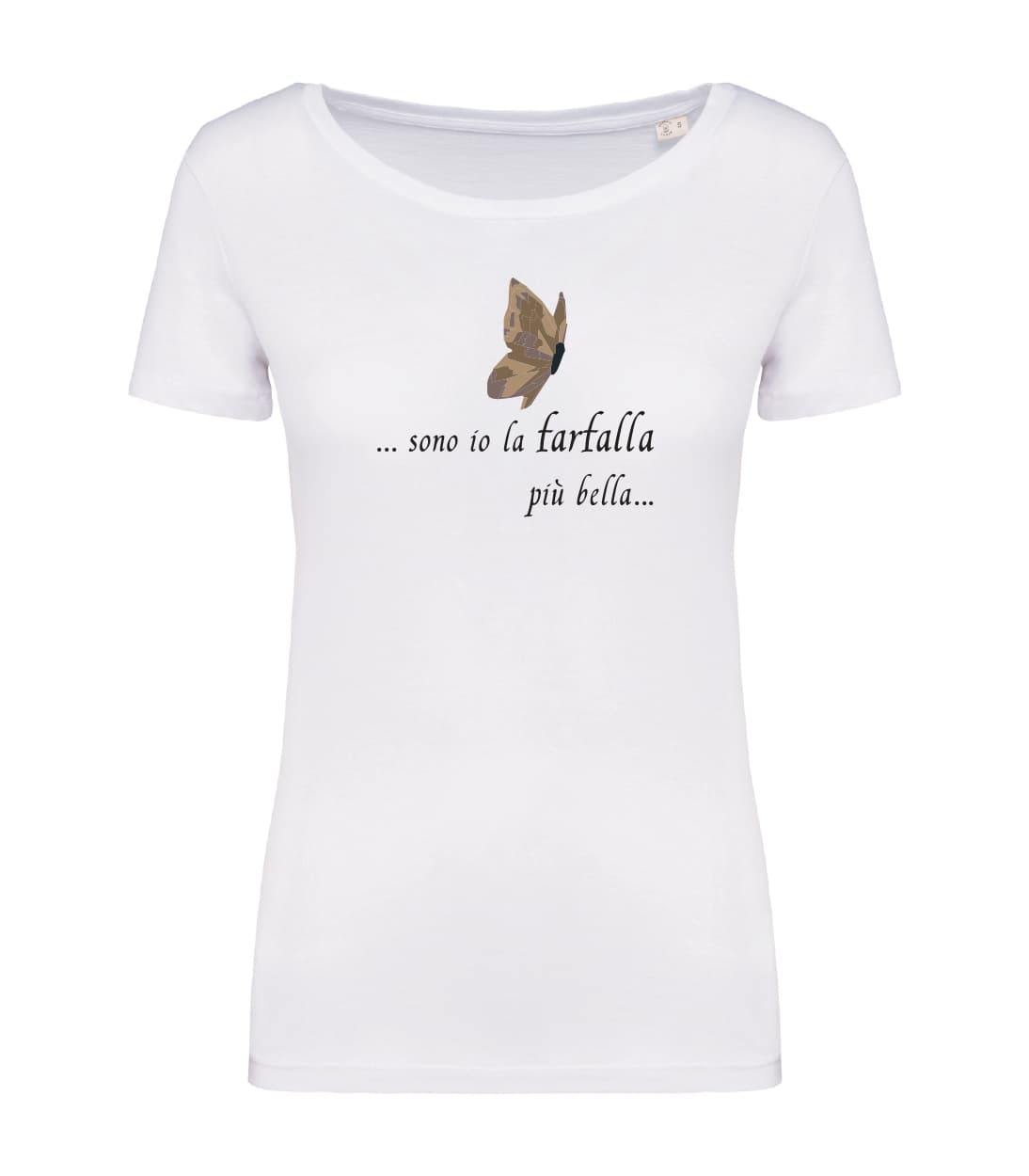 T-shirt_donna_manica_corta_bianco_farfalla marrone_Sono_io_la_farfalla_piu_bella