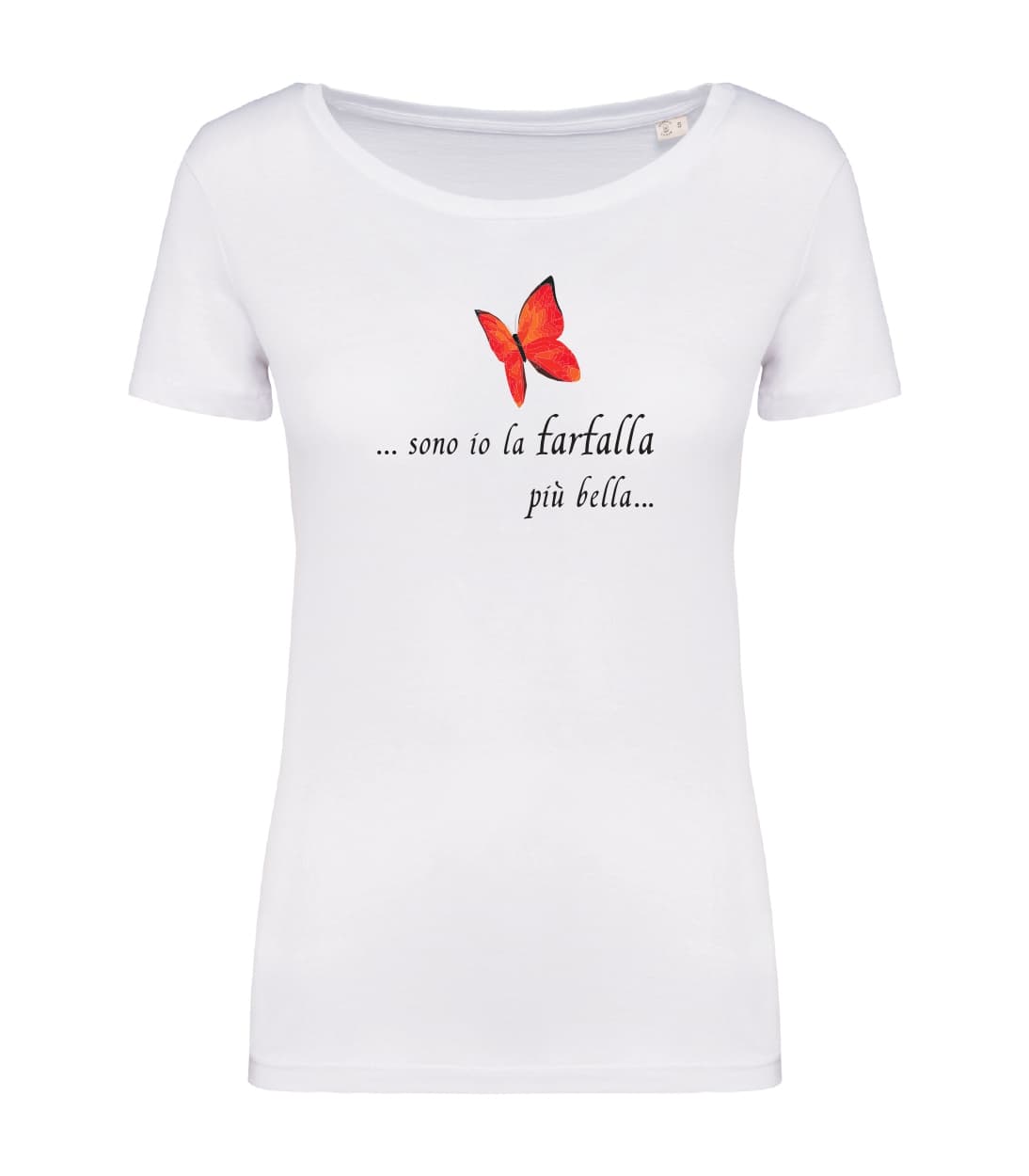 T-shirt_donna_manica_corta_bianco_farfalla rossa_Sono_io_la_farfalla_piu_bella