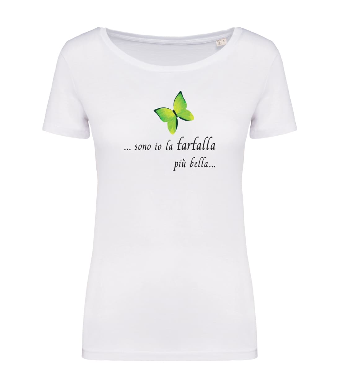 T-shirt_donna_manica_corta_bianco_farfalla verde_Sono_io_la_farfalla_piu_bella