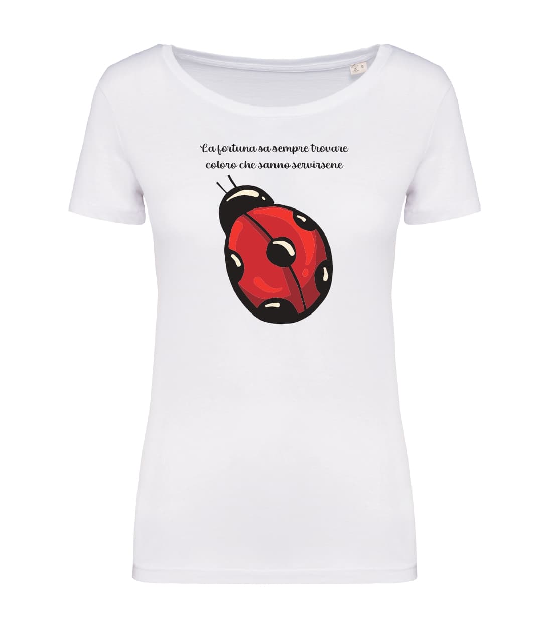T-shirt_donna_manica_corta_bianco_la_fortuna_sa_sempre_trovare_coloro_che_coccine