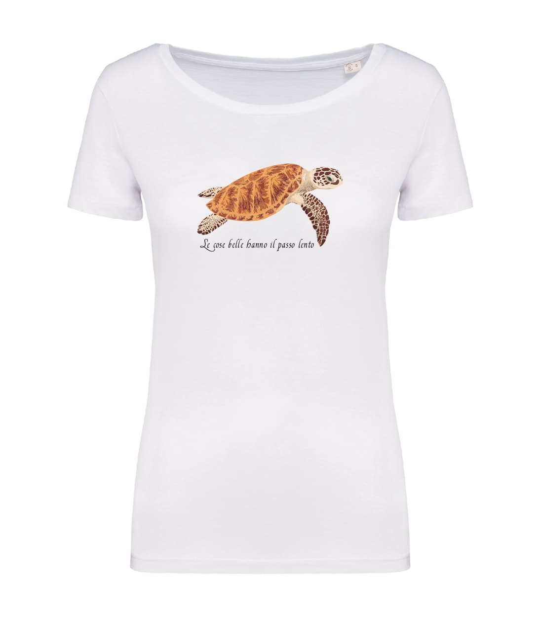 T-shirt_donna_manica_corta_bianco_tartaruga_le_cose_belle_hanno_il_passo_lento