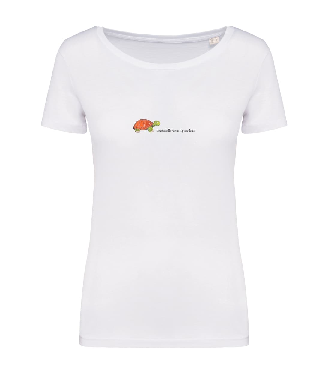 T-shirt_donna_manica_corta_bianco_tartaruga_le_cose_belle_hanno_il_passo_lento_versione2