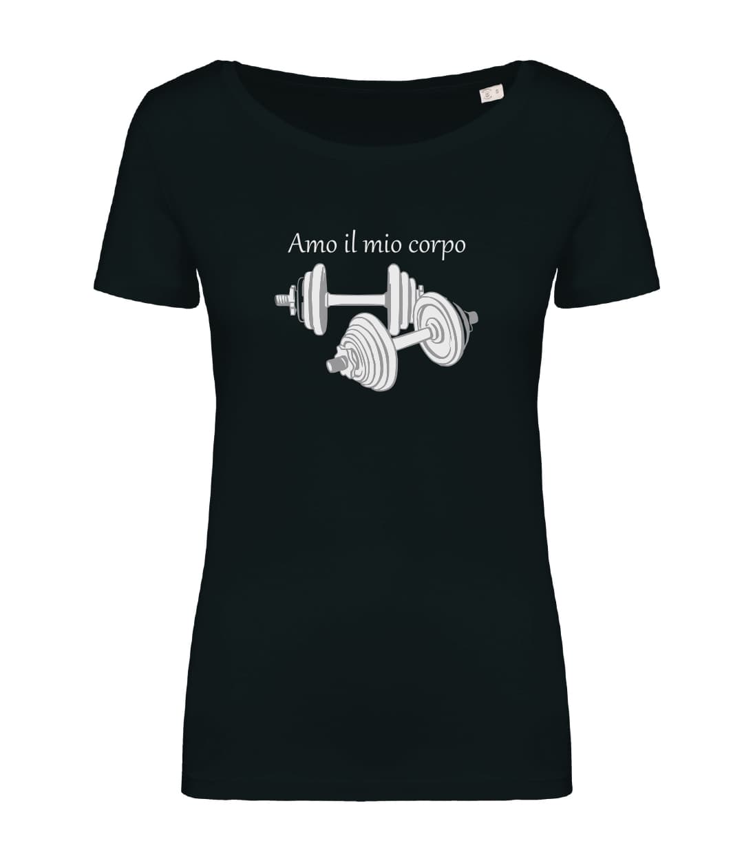 T-shirt_donna_manica_corta_nero_Manubri_Amo_il_mio_corpo