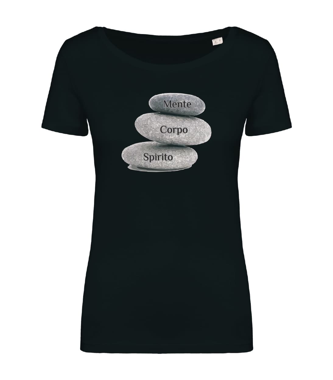 T-shirt_donna_manica_corta_nero_Pietre_Mente_corpo_e_spirito