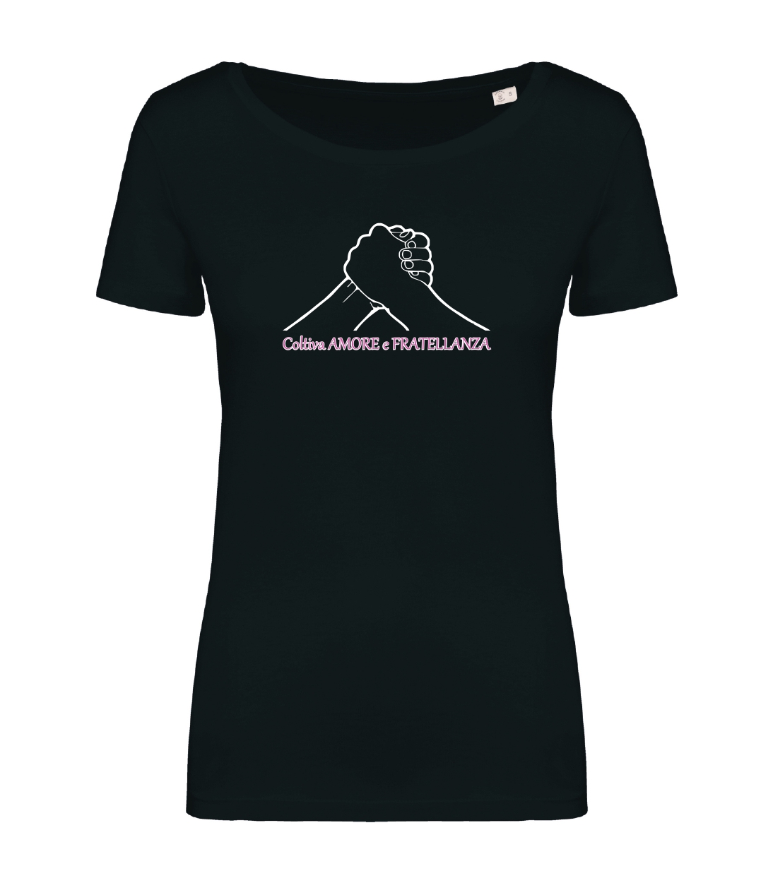 T-shirt_donna_manica_corta_nero_coltiva_amore_e_fratellanza