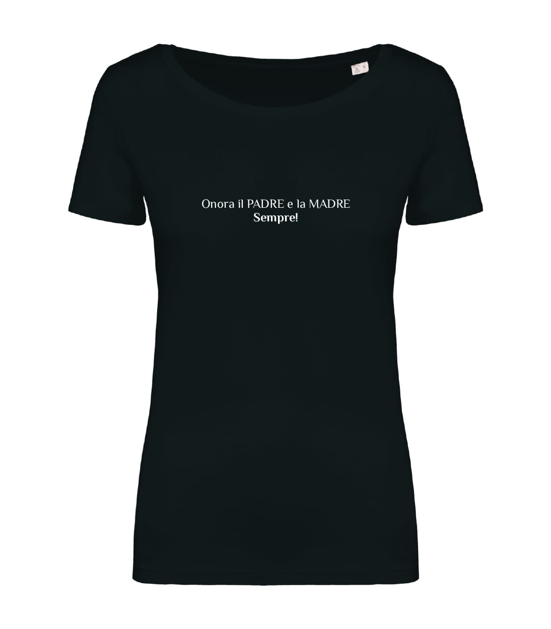 T-shirt_donna_manica_corta_nero_onora_il_padre_e_la madre_
