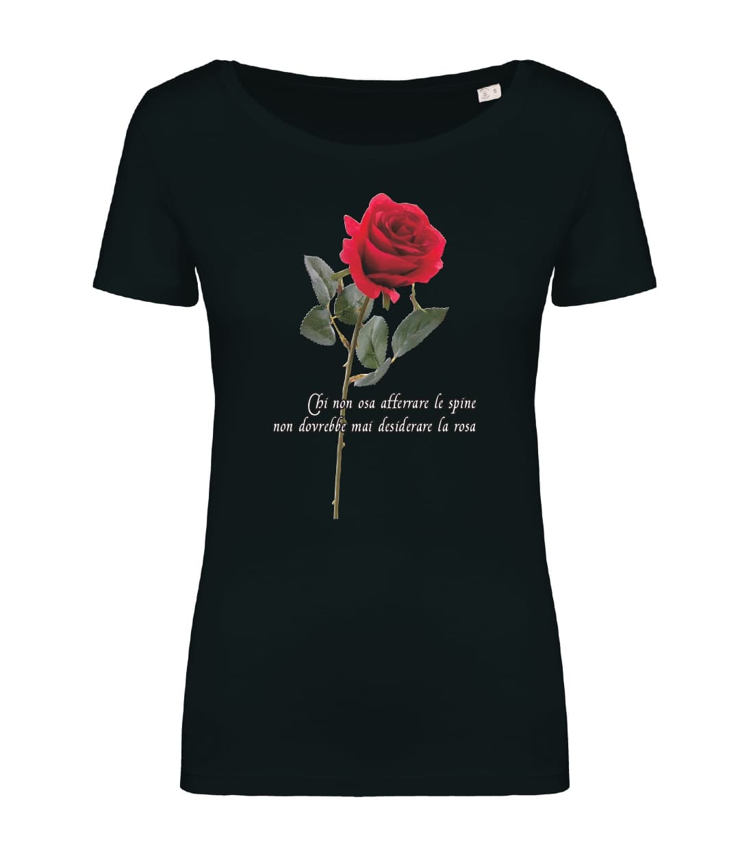 T-shirt_donna_manica_corta_nero_rosa_chi_non_osa_afferrare_le_spine
