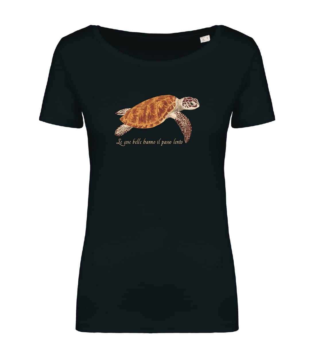T-shirt_donna_manica_corta_nero_tartaruga_le_cose_belle_hanno_il_passo_lento