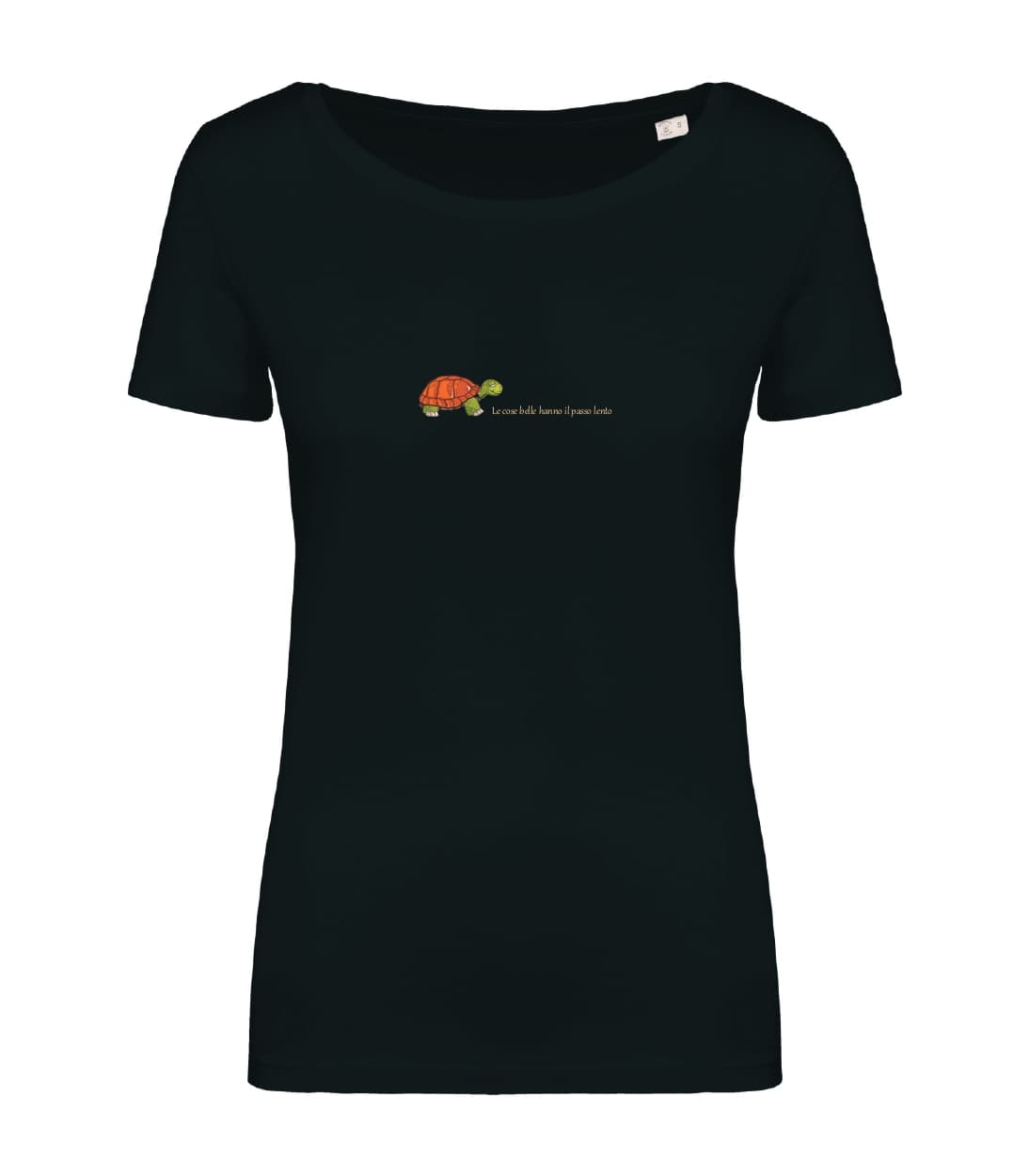 T-shirt_donna_manica_corta_nero_tartaruga_le_cose_belle_hanno_il_passo_lento_versione2
