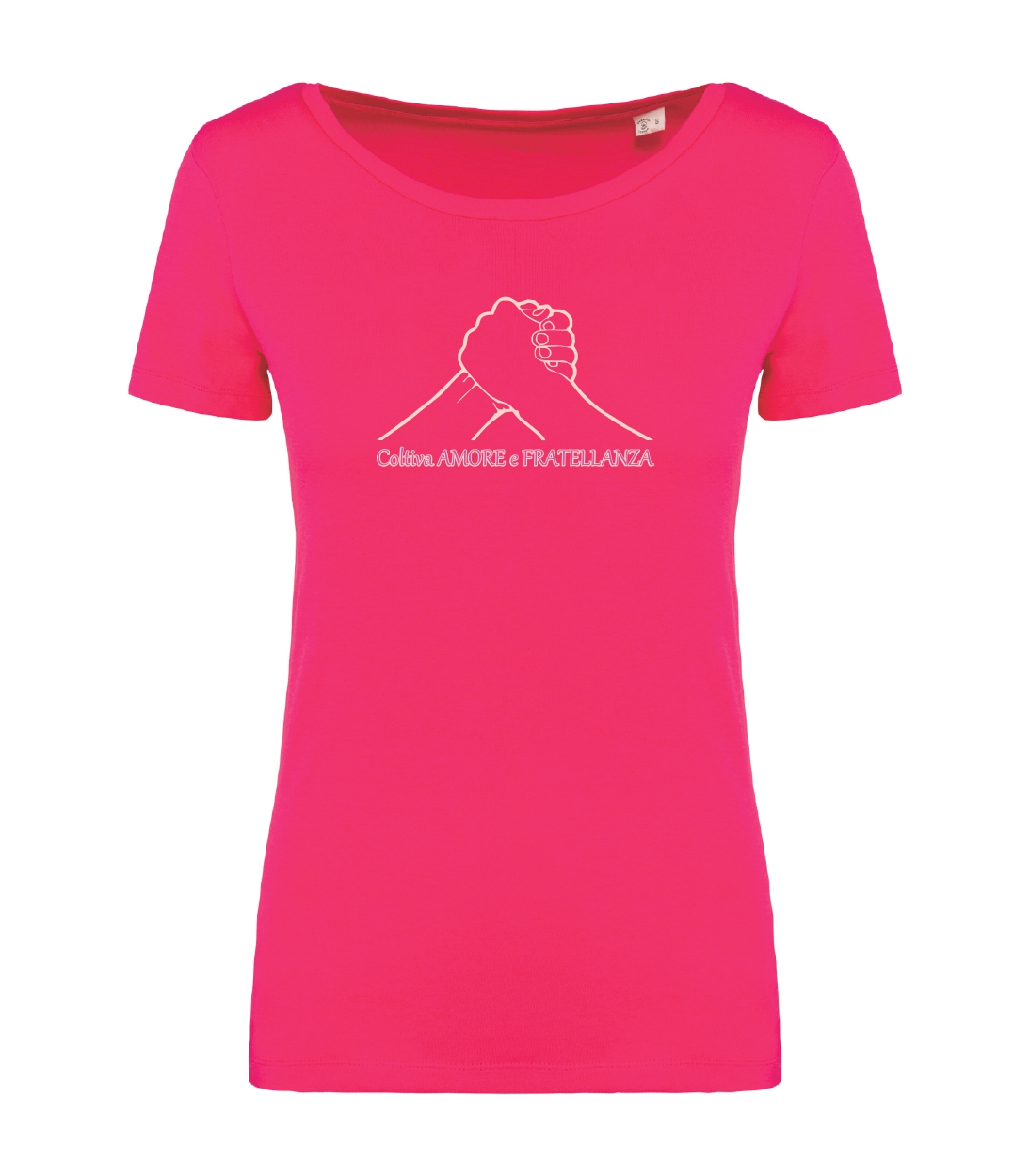 T-shirt_donna_manica_corta_rosso_sorbetto_coltiva_amore_e_fratellanza