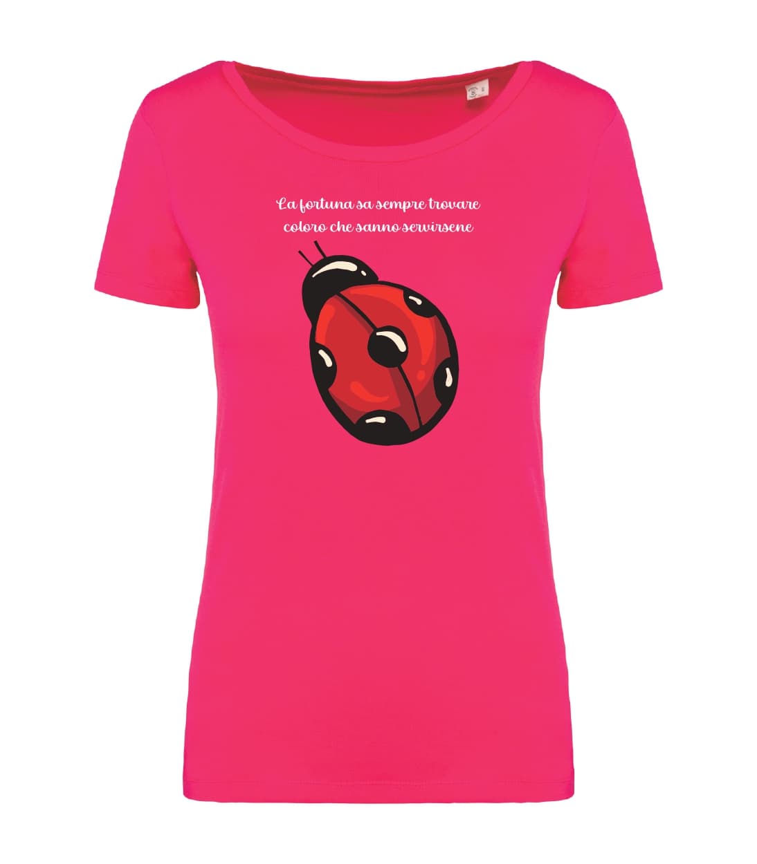 T-shirt_donna_manica_corta_rosso_sorbetto_la_fortuna_sa_sempre_trovare_coccinella