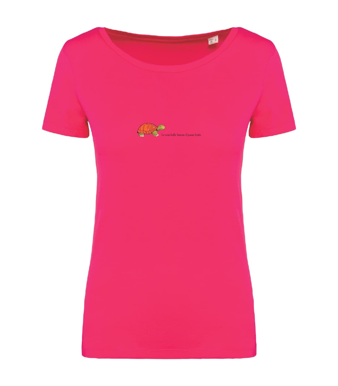 T-shirt_donna_manica_corta_rosso_sorbetto_tartaruga_le_cose_belle_hanno_il_passo_lento_versione2