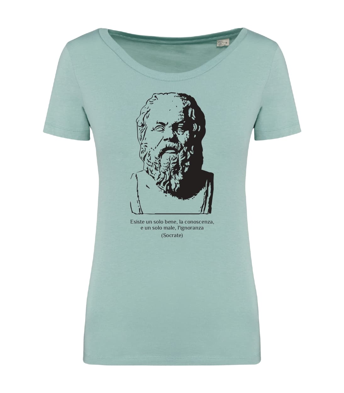 T-shirt_donna_manica_corta_verde_menta_Esiste_un_solo_bene_la_conoscenza_e_un_solo_male_lignoranza