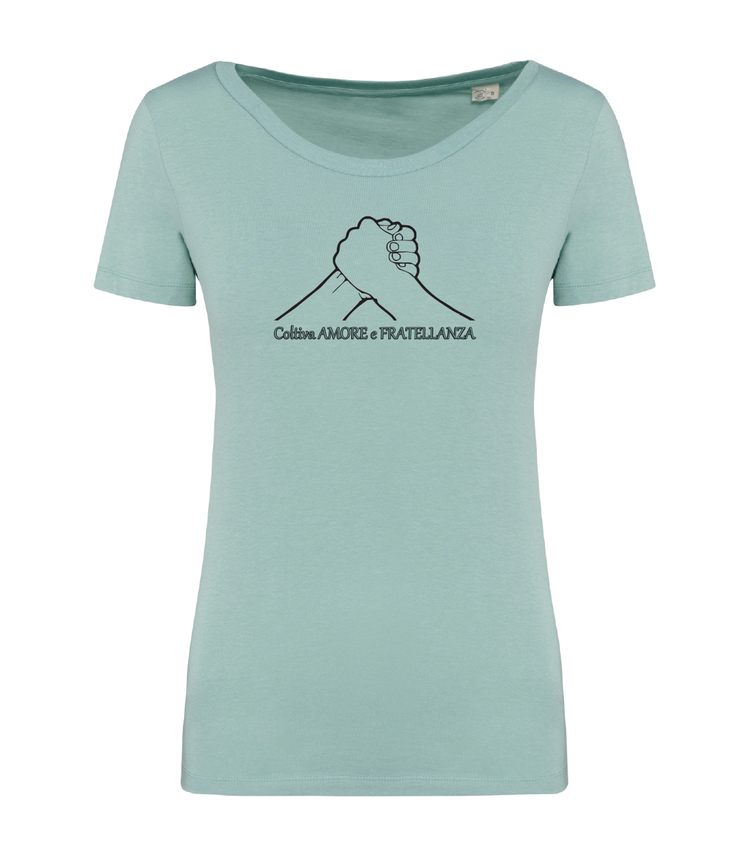 T-shirt_donna_manica_corta_verde_menta_coltiva_amore_e_fratellanza