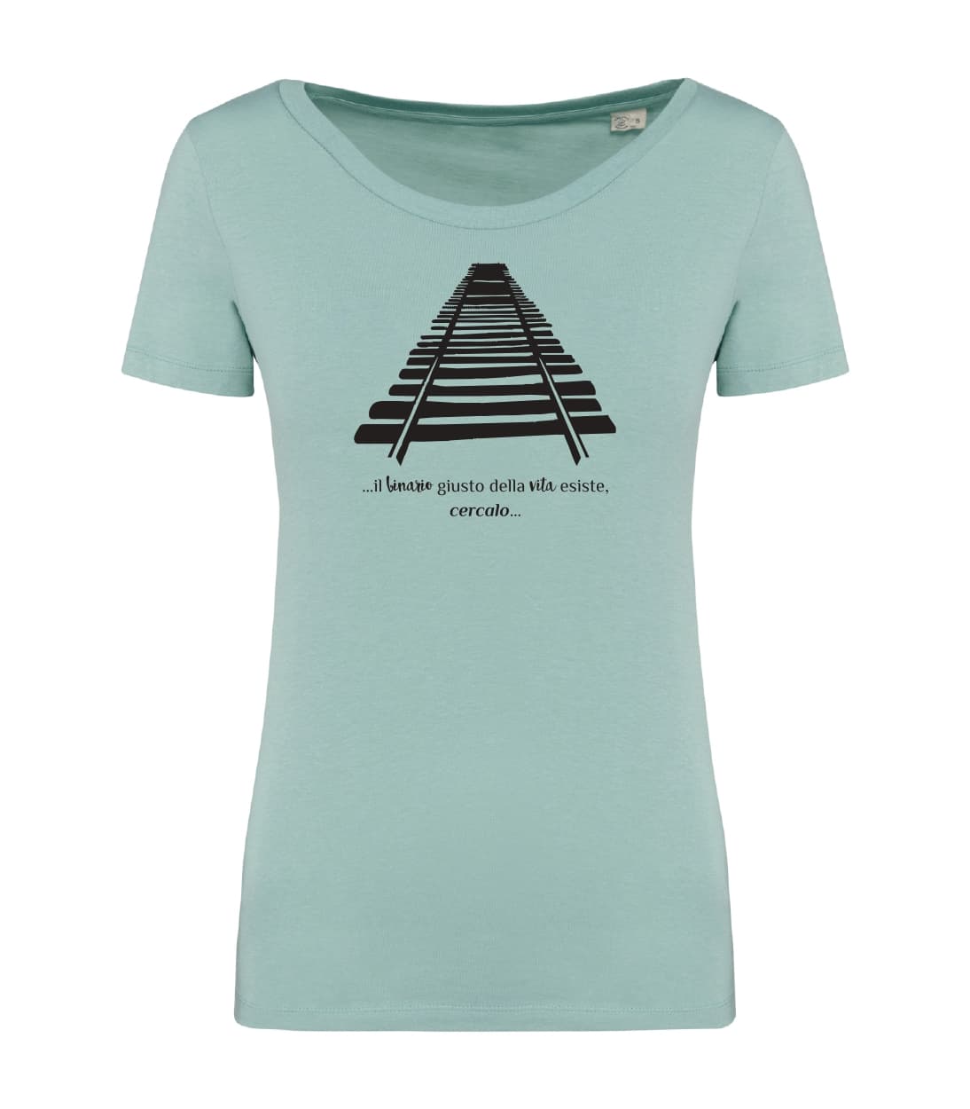 T-shirt_donna_manica_corta_verde_menta_il_binario_giusto_nella_vita_esiste-cercalo