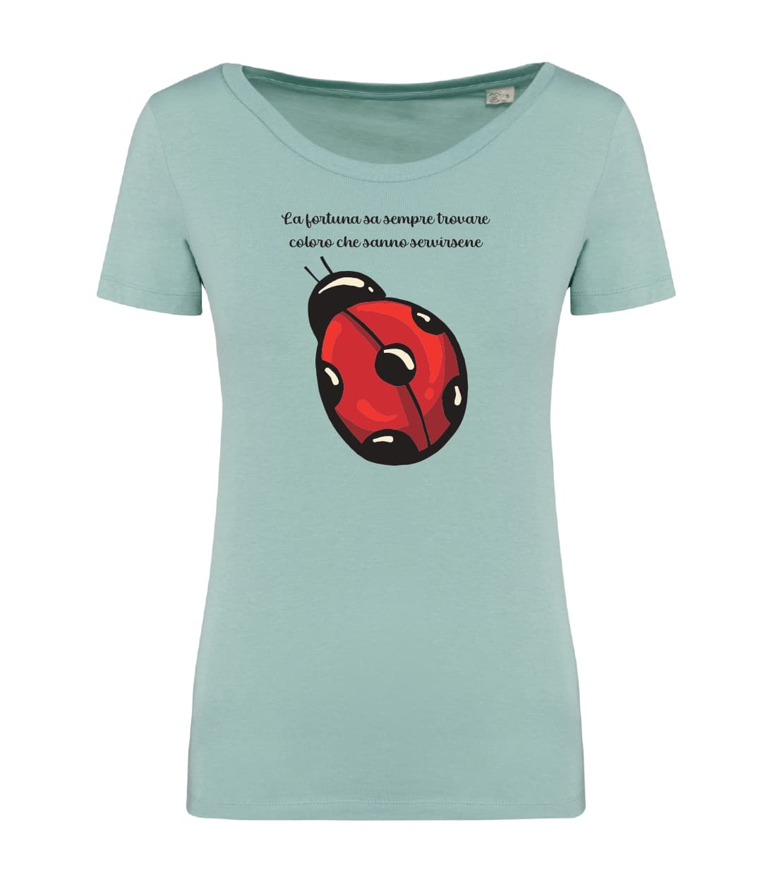 T-shirt_donna_manica_corta_verde_menta_la_fortuna_sa_sempre_trovare_coccinella