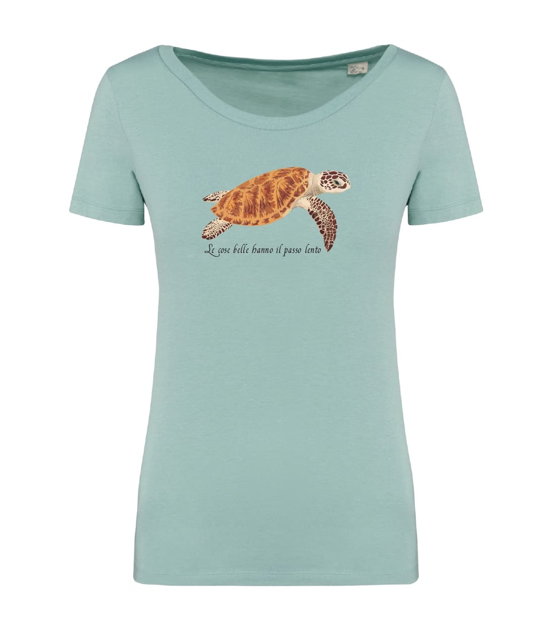 T-shirt_donna_manica_corta_verde_menta_tartaruga_le_cose_belle_hanno_il_passo_lento