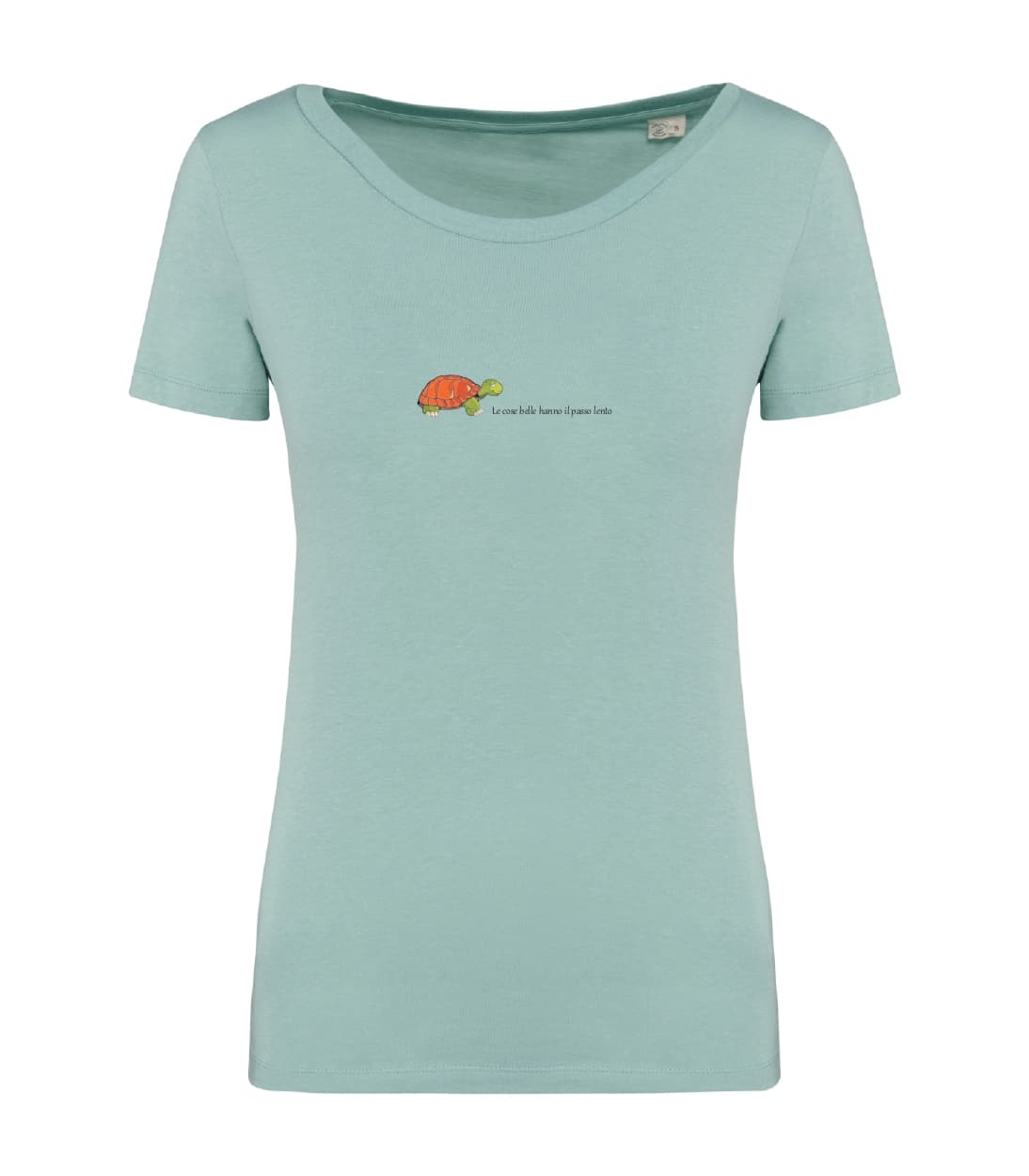 T-shirt_donna_manica_corta_verde_menta_tartaruga_le_cose_belle_hanno_il_passo_lento_versione2