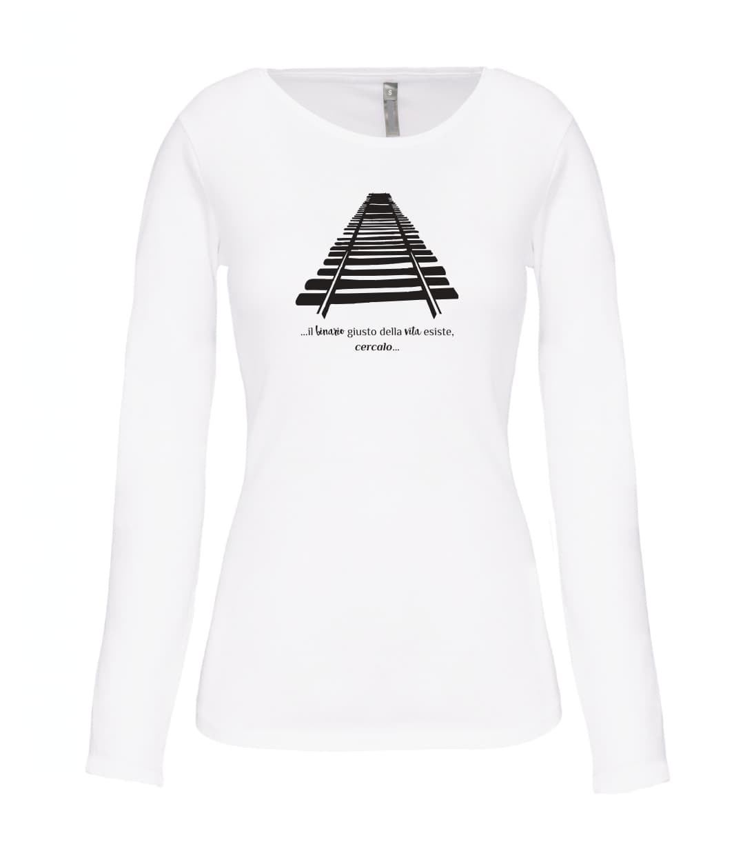 T-shirt_donna_manica_lunga_bianco_il_binario_giusto_nella_vita_esiste-cercalo